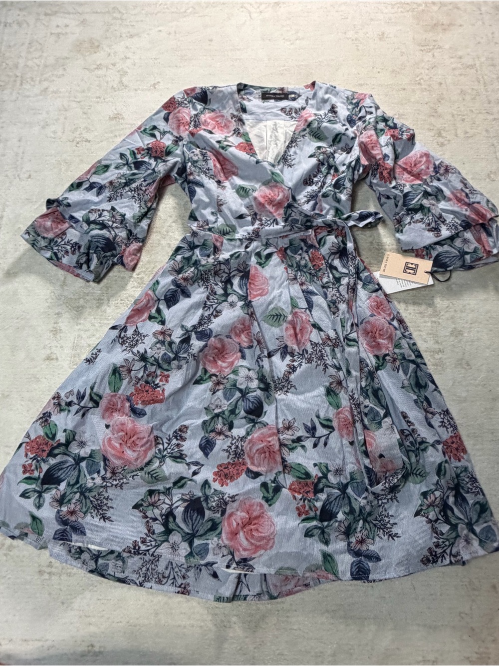 NWT Ivanka Trump Floral Wrap Midi Dress - Light Blue with Pink Roses